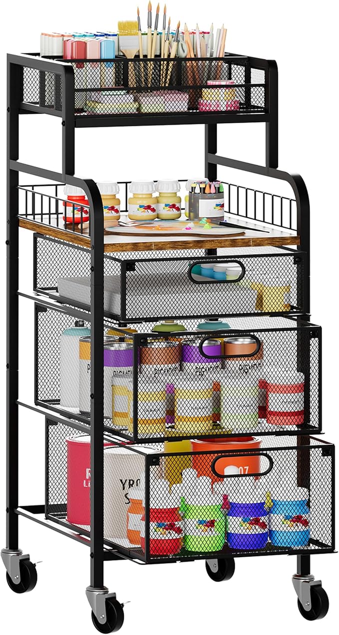 SWTYMIKI Office Rolling Cart with 3 Drawers - Metal Utility Cart with Wood Shelf, DIY Divider and Locking Wheels, Craft & Art Cart Organizer for Under Desk Storage for Home Office Studio, Espresso