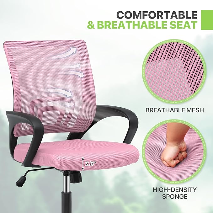 Magshion Office Chair, Ergonomic Mid-Back Mesh Desk Chair, Rolling Computer Chair with Lumbar Support & Comfy Armrests for for Gaming, Work, Study, 300 Lbs Capacity, Pink