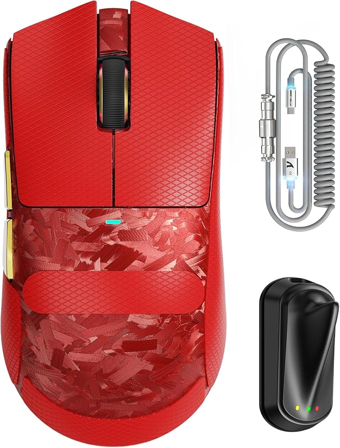 ATTACK SHARK X11 Ultra Carbon Fiber Wireless Esports Gaming Mouse,8k Polling,PAW3950MAX Sensor,63g Ultra-Ligh Ergonomic Gaming Mice,2.4Ghz/BT/Wired,with RGB Coiled Cable -Metallic Red&Griptape