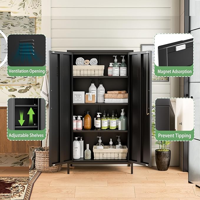 Ckzbx Narrow Storage Cabinet 51.18" H Bathroom Cabinet Metal Pantry Cabinets, 3 Adjustable Shelves for Kitchen, Home Office, Living Room, Dinning Room (30 inches Wide Black)