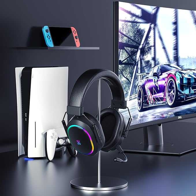 Wireless Gaming Headset for PS5 PS4, Bluetooth 2.4GHz Headphones with Noise Cancelling Mic, 23ms Low Latency Audio, 50+ Hrs & Surround Sound Memory Foam for Switch, Laptop, Mobile, Mac (rgb black)