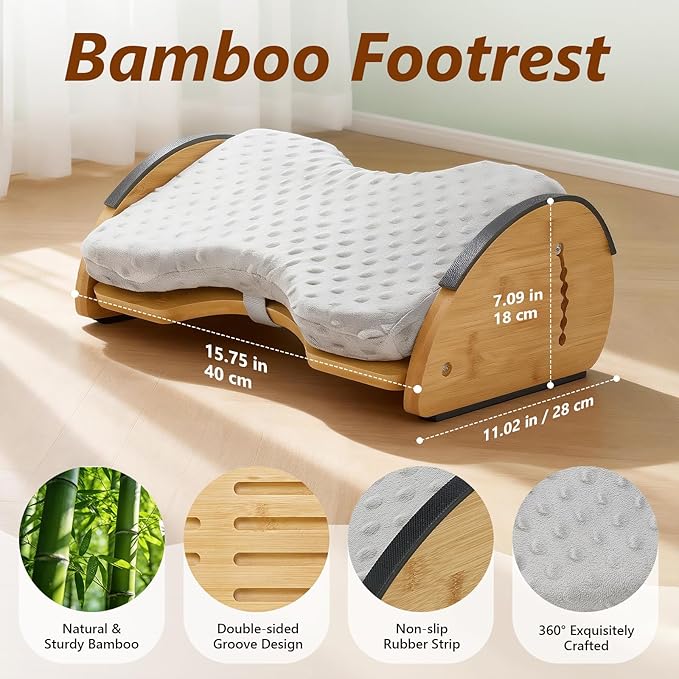 Foot Rest Under Desk, Under Desk Footrest, Foot Stool for Couch, Office Home, Gaming, 4-in-1 Bamboo Desk Foot Rest with 6 Adjustable Heights & Massage Cushion & Relieve Pressure on Legs, Waist & Back