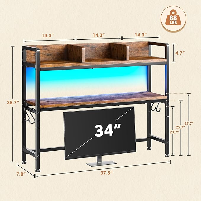 REIBII 35.5" Desk Shelf with LED Lights and Hooks,2-Tier Adjustable Multipurpose Solid Wood Desk Hutch Dorm,Desktop Organizer Rack with 3 Display Rack for Dorm,Office Home,Rustic Brown