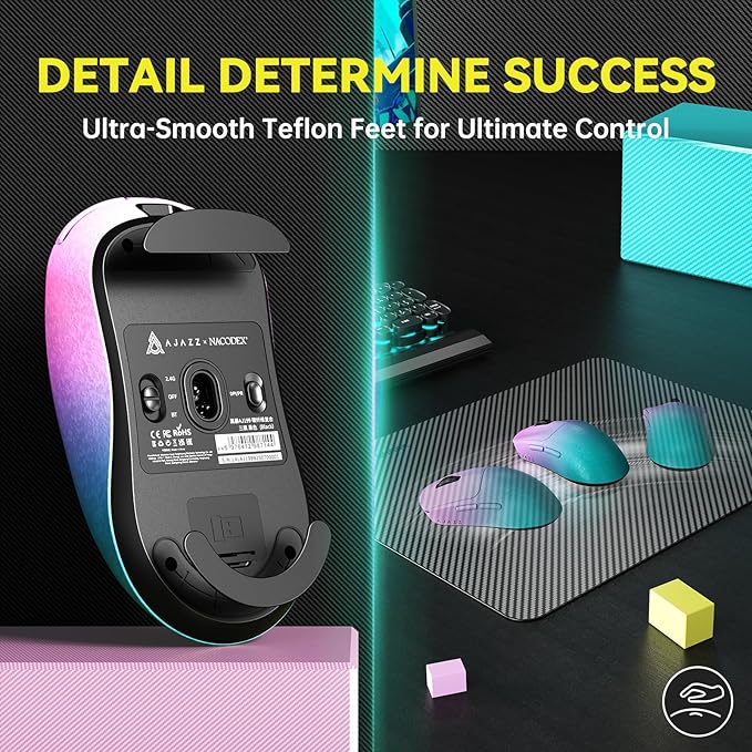 Ajazz AJ199 Wireless Gaming Mouse Ultra-Lightweight 55g Tri-Mode Connection 24000 DPI PAW3311 Sensor Carbon Fiber Shell 500mAh Battery 1K Polling Rate Durable & Anti-Slip Design Black Gradient Purple