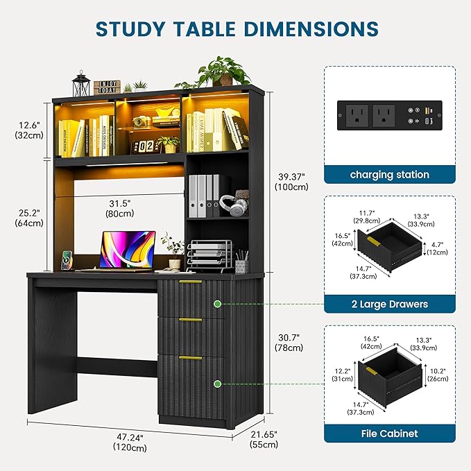 WOOVIVS Standing Desk with LED Light for Office Room, Smart Computer Desk with Hutch and Drawer for Game Room,Modern Study Table with 2AC Port Charging Station/Lamp/for Bedroom (Black)