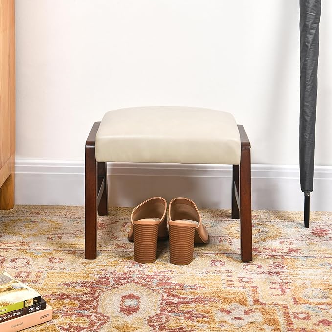 Small Foot Rest Ottoman, 11.8" H PU Leather Rectangle Foot Stool with Non-Skid Wood Legs, Small Foot Step Footstool Sofa Footrest for Couch, Desk, Office, Beige