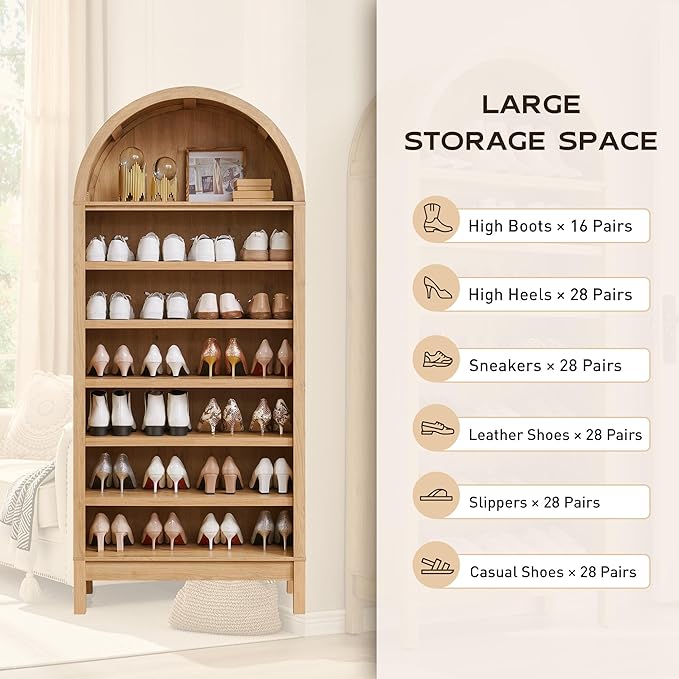 IFGET 71" Tall Arched Bookshelf, 7 Tiers Arch Bookcase with Storage, Modern Farmhouse Book Shelf with Adjustable Shelves, Wood Bookshelf w/Open Display Shelves for Living Room, Office (Natural)