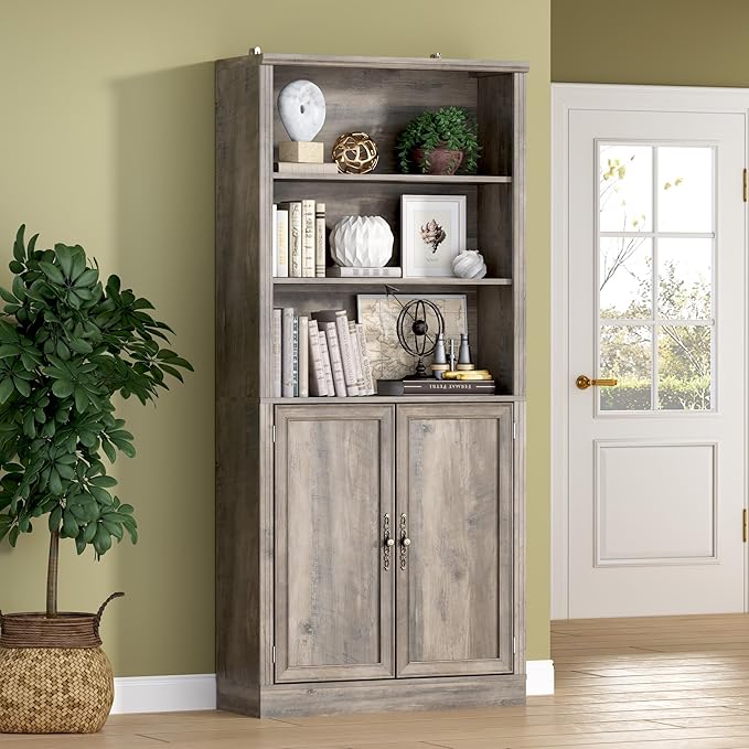 BORNOON 70.1" Tall Bookshelf with Cabinet, 5-Tier Floor Standing Bookcase with Doors & Adjustable Shelves, 31.5" Wide Storage Shelf, Metal Handles, Modern Organizer for Home Office, Living Room