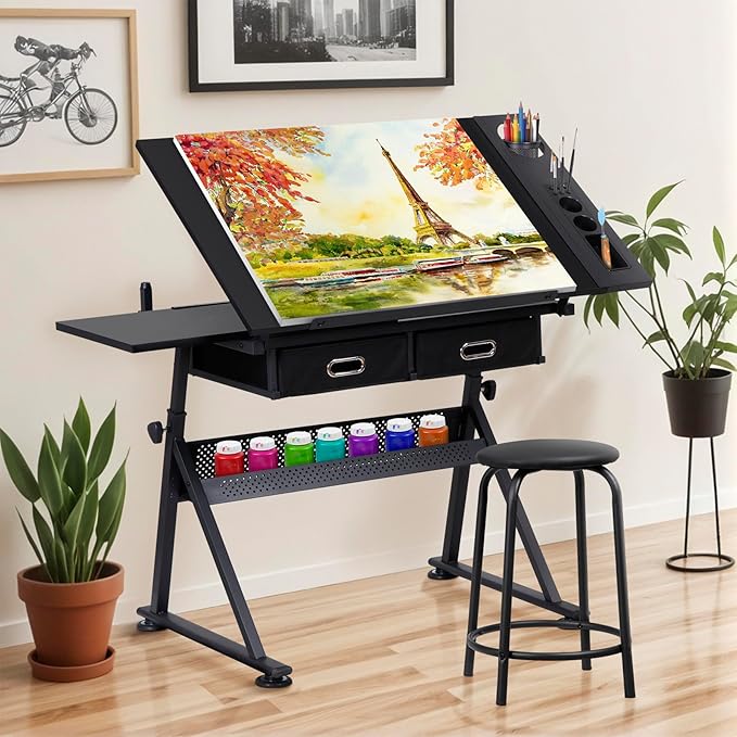 JupiterForce Drafting Desks with 2 Storage Drawers, Height Adjustable Drawing Tables for Painters, Working, Writing, Home Office, Black