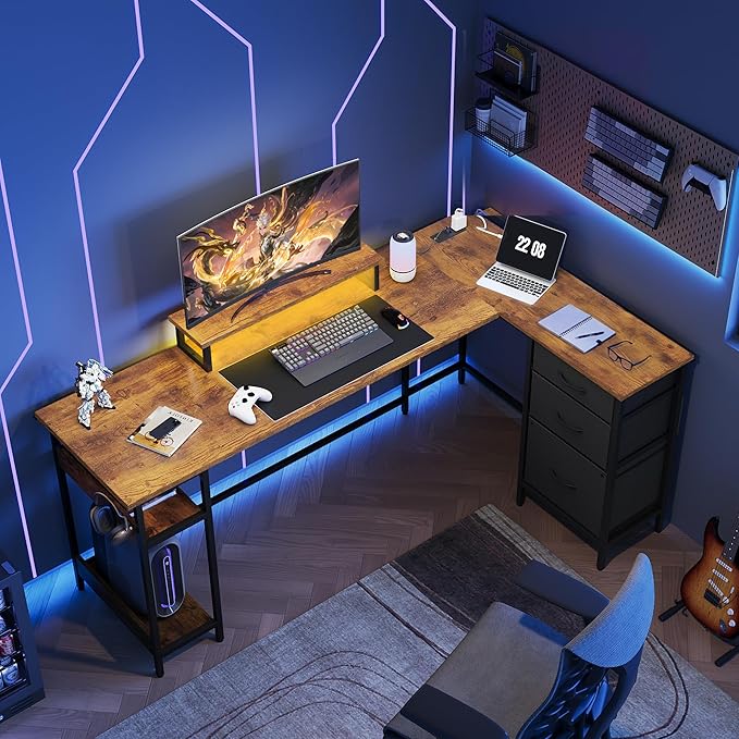 DEVAISE 66 Inches L Shaped Desk with Drawers, L Shaped Office Desk with Power Outlets, Monitor Stand, Computer Table, Gaming Desk with LED Light, Large Corner Desk for Home Office (White)