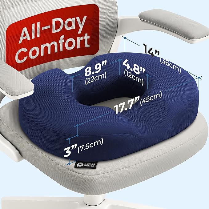 5 STARS UNITED Donut Pillow Hemorrhoid Tailbone Cushion – Large Cushion for Pain Relief – Coccyx, Prostate, Sciatica, Pelvic Floor, Pressure Sores, Pregnancy, Postpartum Recovery, Blue