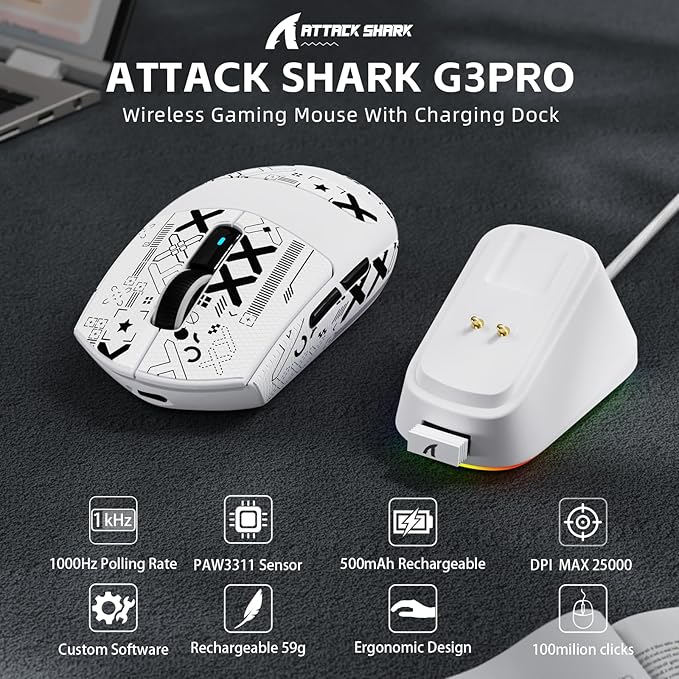 ATTACK SHARK G3PRO Wireless Gaming Mouse with RGB Charging Dock,2.4G/USB-C Wired/BT PAW3311 Optical Sensor 1K Polling Rate Adjustable 25K DPI,500mAh Battery Ultra Lightweight 59g Mice (White&Griptape)