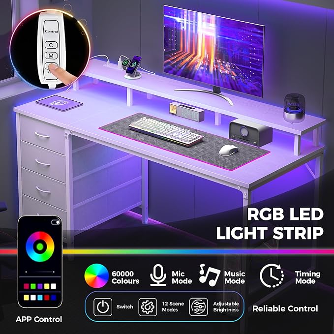 DUMOS Computer Desk with 4 Drawers,4 Drawer Gaming Desk with Power Outlets and LED Lights,Office Desk for Small Spaces with Monitor Shelf,Writing Desk for Home Office, Bedroom,Study 39 Inch White