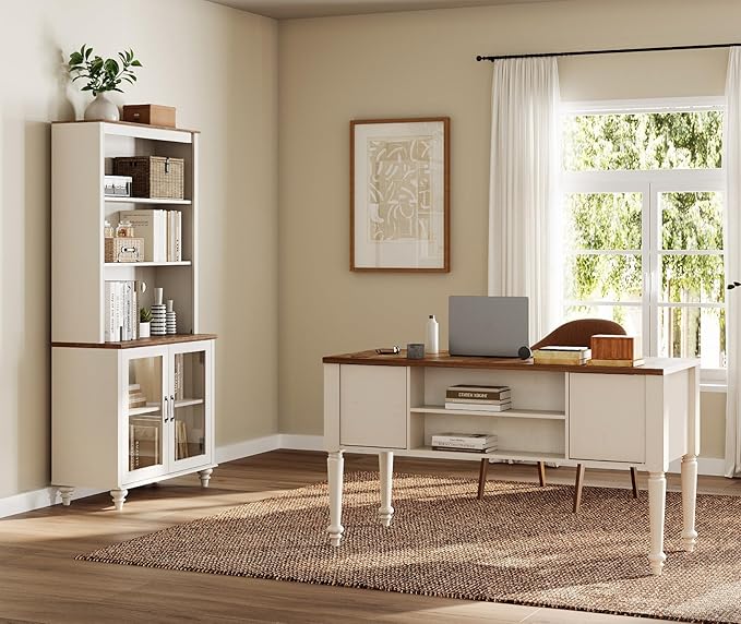 WAMPAT Home Office Furniture Set, 56" Executive Desk with Charging Station, 72" Tall Bookcase with 2 Glass Doors, Wood Computer Desk with File Cabinet Storage, Open Shelf, White