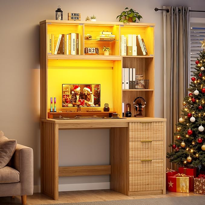WOOVIVS Standing Desk with LED Light for Office Room, Smart Computer Desk with Hutch and Drawer for Game Room,Modern Study Table with 2AC Port Charging Station/Lamp/for Bedroom (Wood)
