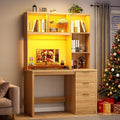 WOOVIVS Standing Desk with LED Light for Office Room, Smart Computer Desk with Hutch and Drawer for Game Room,Modern Study Table with 2AC Port Charging Station/Lamp/for Bedroom (Wood)