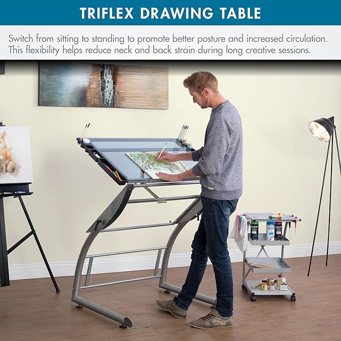 SD Studio Designs Triflex Drawing Table, Sit to Stand Up Adjustable Office Home Computer Desk, 35.25" W X 23.5" D, Silver/Blue Glass