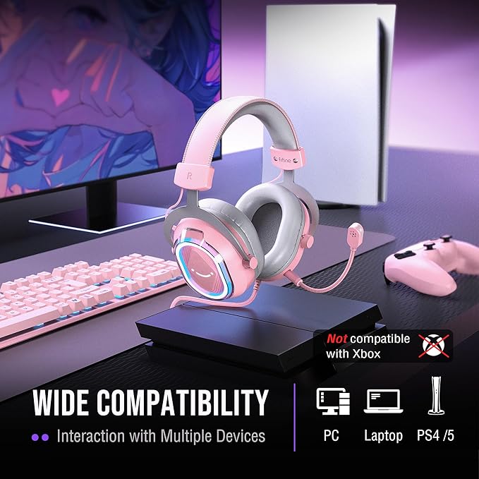 FIFINE Wired RGB Gaming Headset, PC Over-Ear Streaming Headset with USB, 7.1 Surround Sound, Noise-Cancelling Mic, Soft Ear Pads, 4 EQ Modes for PC, Laptop, Mac, PS4, PS5 - AmpliGame H13P (Pink)