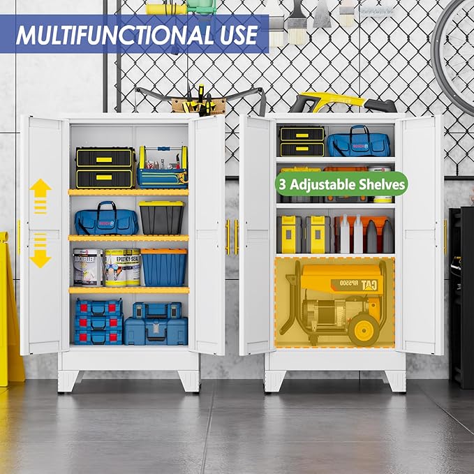 47" Metal Storage Cabinet with Adjustable Leveling Foot,Garage Storage Cabinets with 2 Doors and 3 Adjustable Shelves, Black Steel Cabinet for Office,Home,Garage(White)