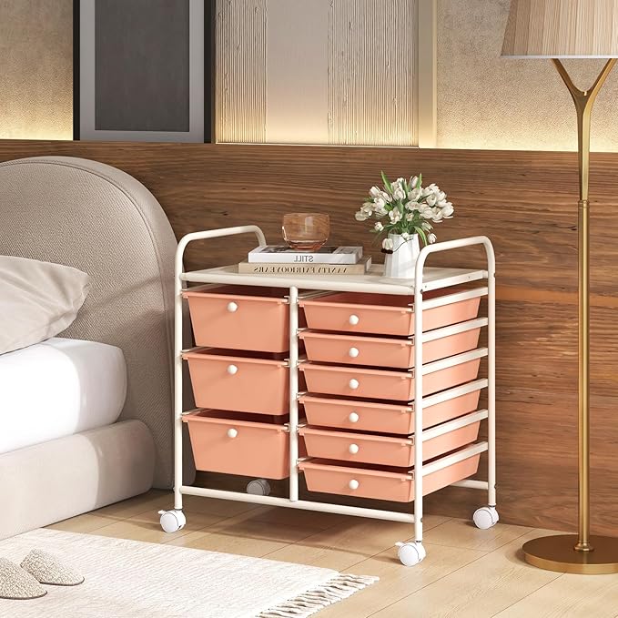 Moccha 9-Drawer Rolling Storage Cart - Under Desk Storage Drawers with wheels for Craft Art Supply Paper Salon, Scrapbook Paper Tools, Mobile Utility Cart for Classroom, Peach