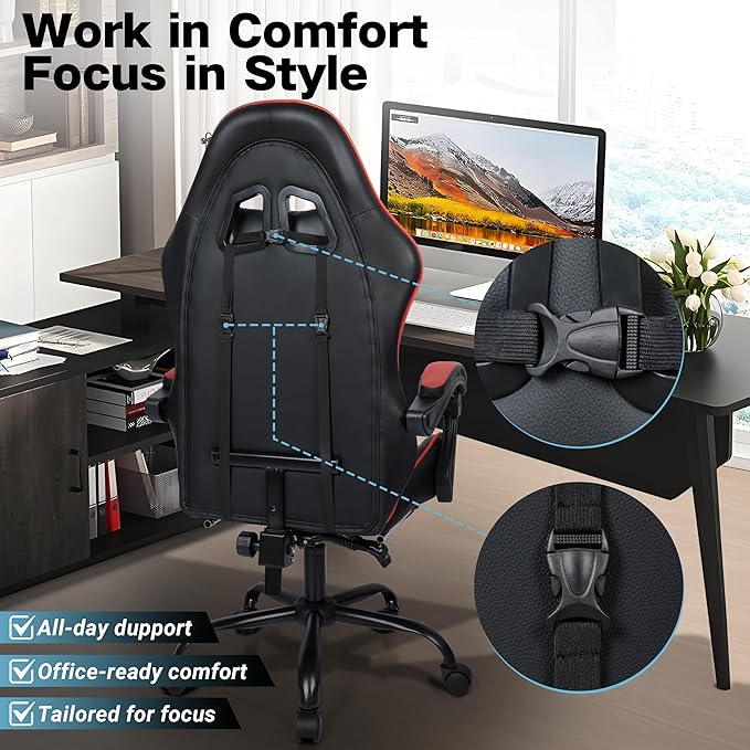 Gaming Chair with Footrest and Lumbar Support, Height Adjustable Chair with 360°Office Desk Chair,Heavy Duty 330lbs Computer Chair for Adults, Black & Red