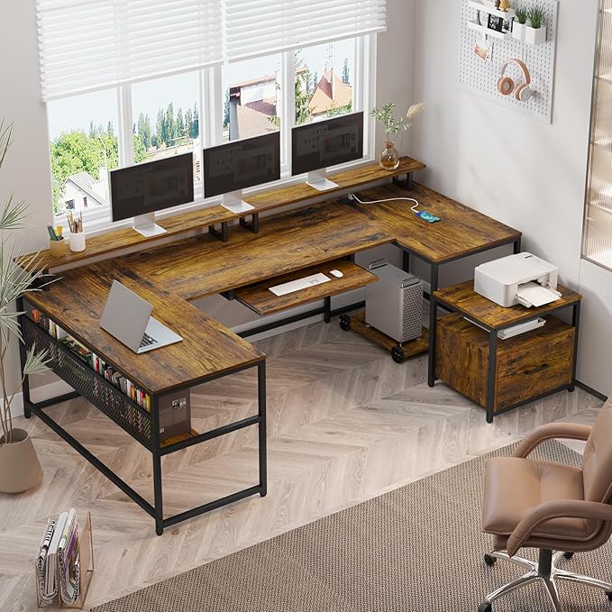SEDETA U Shaped Desk, Reversible L Shaped Home Office Desk with File Drawer & Power Outlet, 101.5'' Computer Two Person Desk with Monitor Shelf, Keyboard Tray, Gaming Desk, Rustic Brown