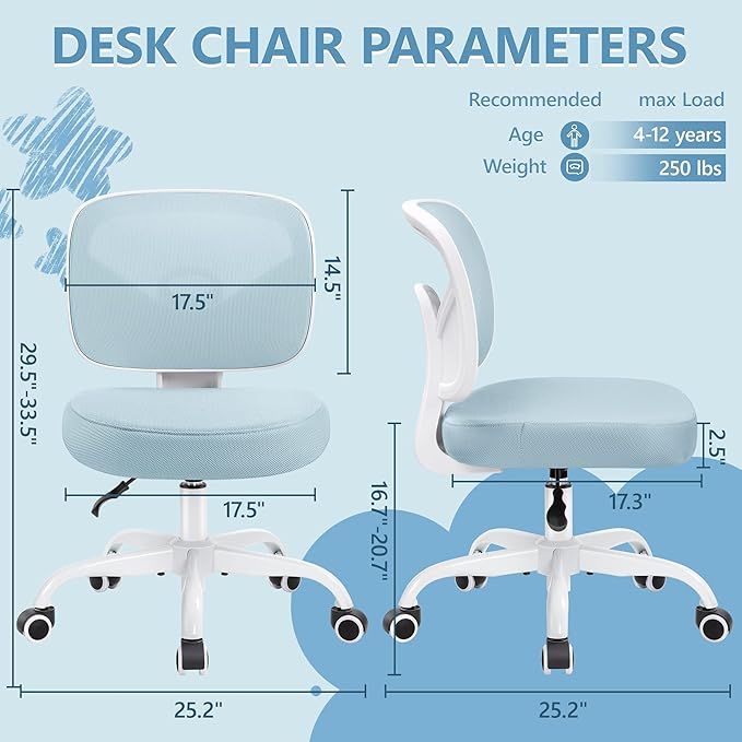 Primy Kids Desk Chair, Pink Study Chair for Boys Girls with Height Adjustable, Swivel Mesh Task Student Chairs for 4-12, Growing Teen Office Chair for Home/School/Office(Light Blue)