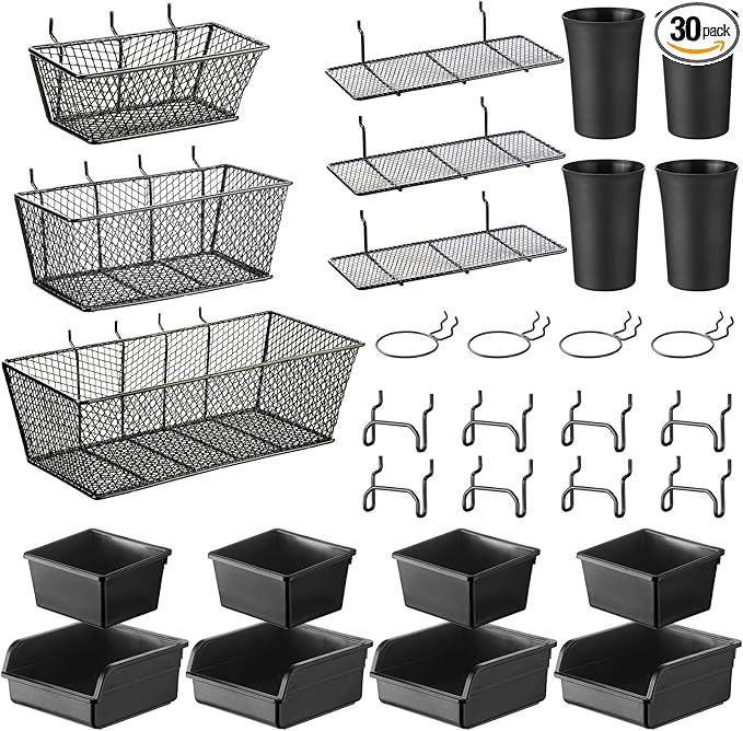 Sieral 30 Pcs Pegboard Organizer Accessories Kit Includes Peg Board Shelving Storage Basket Organizer Bins Hooks Loops Cup with Cup Holder for Garage Room Wall Attachments Tools(Black)