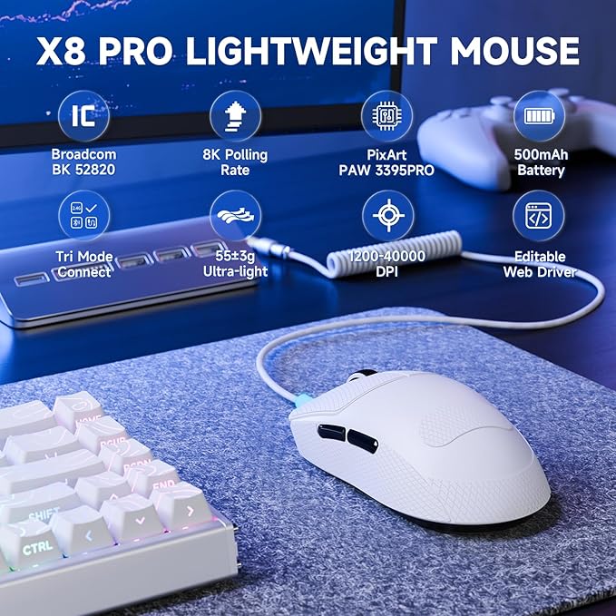 ATTACK SHARK X8 PRO 8K Wireless Gaming Mouse,PAW3395PRO 40K DPI Sensor,Tri-Mode Broadcom BK52820 Chip,Superlight Ergonomic Mouse for Large Hands,Cloud-Based Software,for Win/Mac(White&Tape)