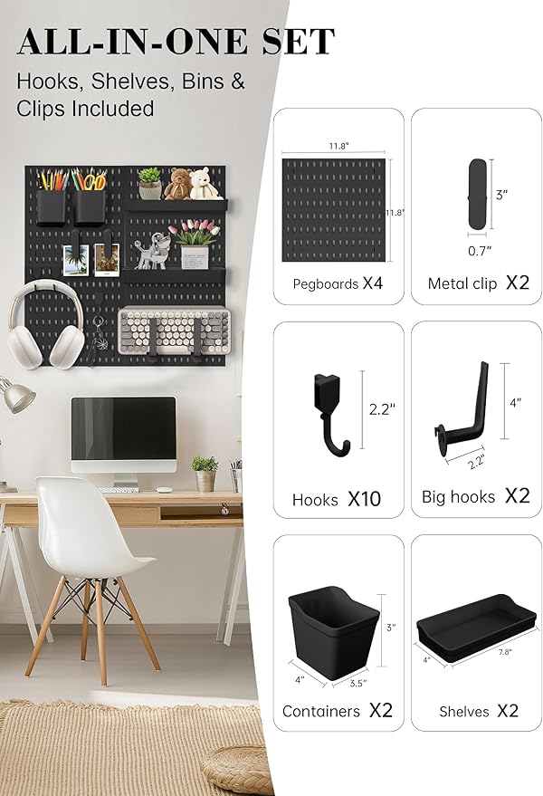 Pegboard Wall Organizer Set – 4 Peg Boards with Hooks & Shelves – Office, Kitchen, Gaming Room Desk Pegboard Storage – Peg Board Wall Display Rack (Black)