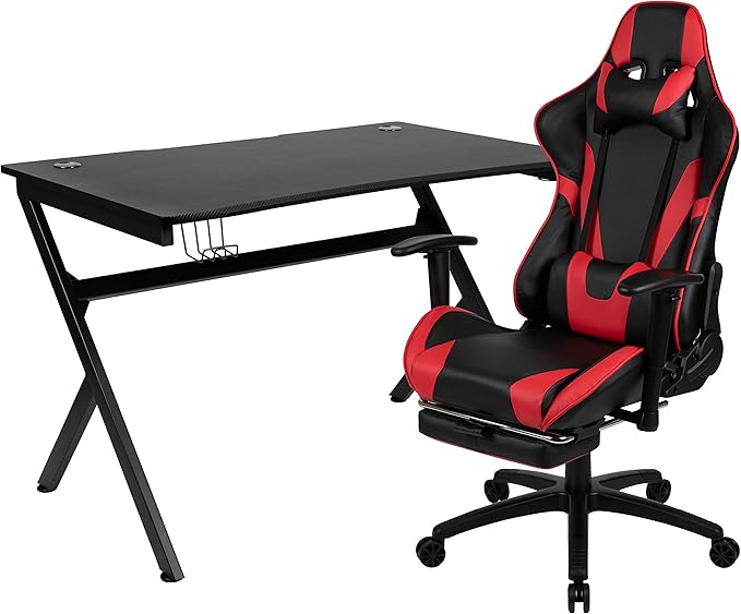EMMA + OLIVER Black/Red Gaming Desk Set - Cup/Headset Holder/Reclining & Footrest