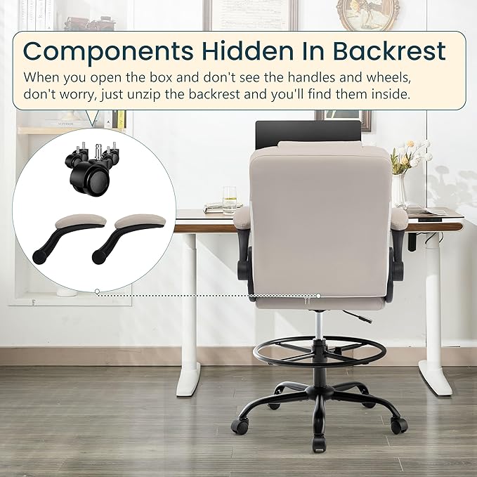 Drafting Chair 500Lbs, Tall Office Chair for Standing Desk, High PU Leather Executive Office Chair with Flip-up Armrests, Ergonomic High Chair with Adjustable Foot Ring, Comfy Stool Chairs, Beige