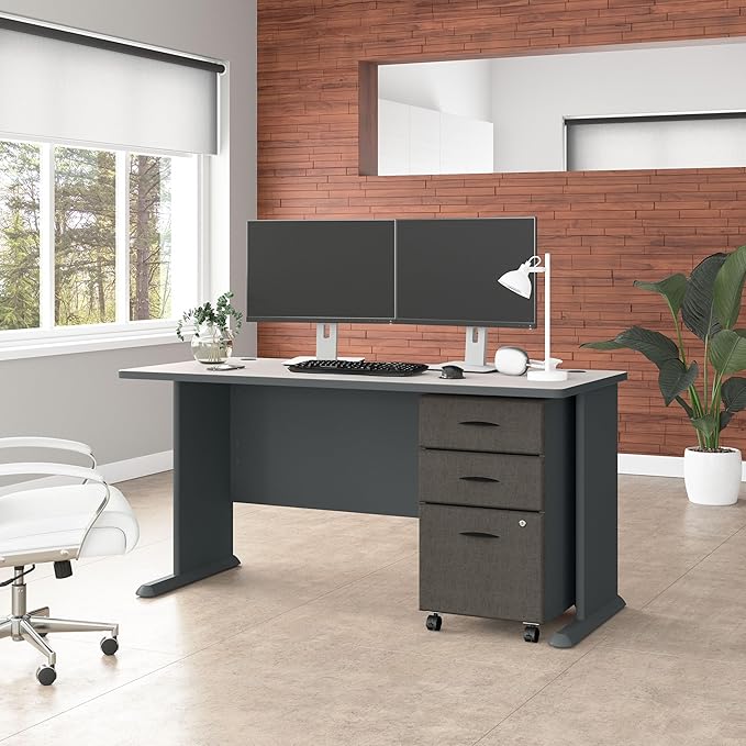 Bush Business Furniture Series A 60W Desk with Mobile File Cabinet in Slate and White Spectrum