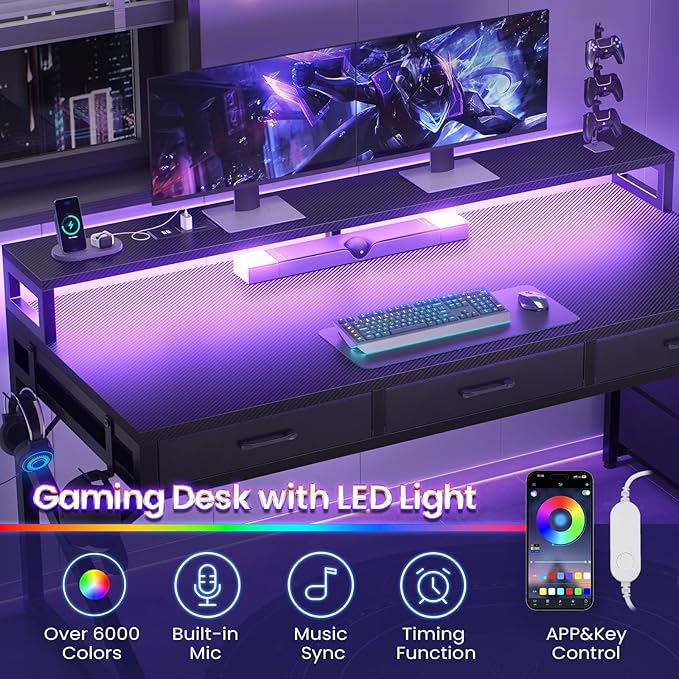 SEDETA 55" Gaming Desk with 6 Drawers, Corner Gaming Desk with Storage & LED Lights, Reversible PC Desk with Power Outlet, Corner Computer Desk with Hutch, Monitor Stand, Side Hook, Carbon Fiber Black