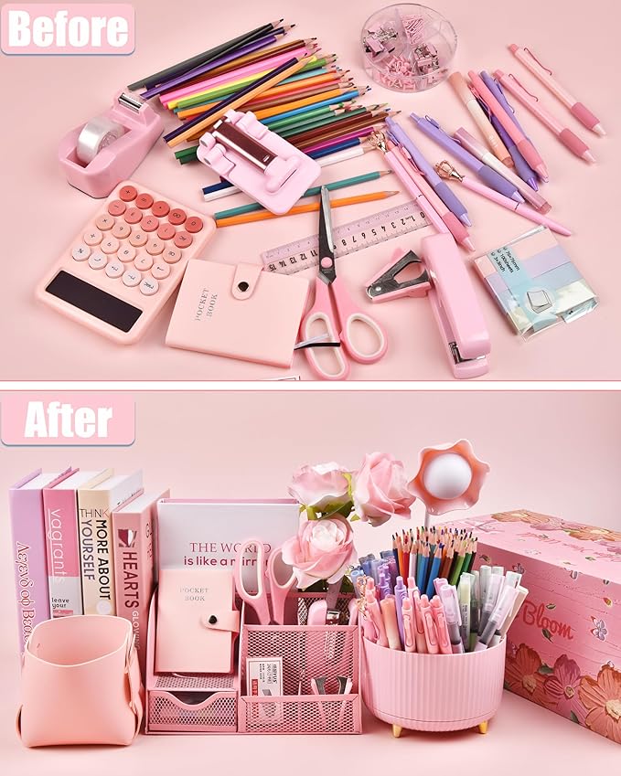 LXEVIHK 21Pcs Pink Desk Organizers and Accessories With Mesh Desk Organizer and 360°Rotating Pen Holder and a Lot of Office Pink Office Supplies Beautifully Presented in a Gift Box