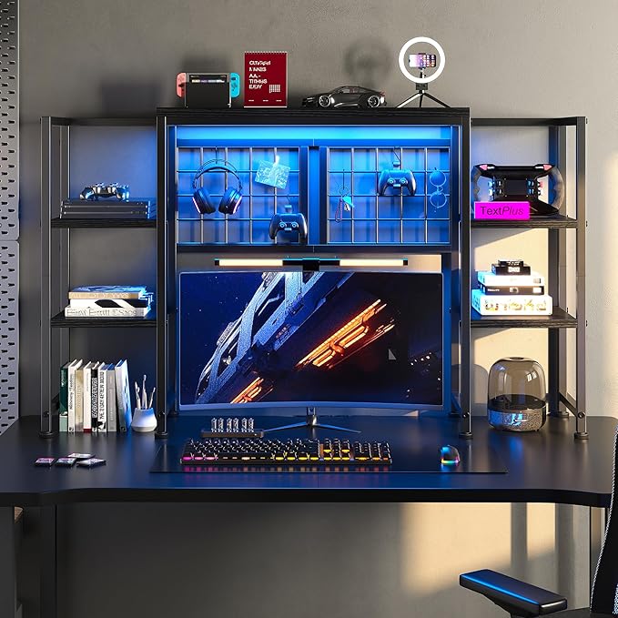 REIBII Desk Shelf with LED Light Strip,Adjustable 45.1" Desk Hutch Dorm with 5 Tier Display Shelf Rack,Desktop Bookshelf with Grid Panel & Hooks for Home, Office and Dorm, Black