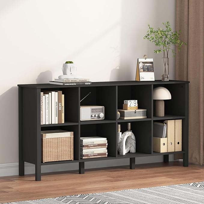 8-Cube Bookcase, Farmhouse Wooden Bookshelf Low Storage Organizer, 59" Horizontal Black Console with Legs, Hallway Book Case for Entryway, Display Cabinet for Living Room (Black, 8-Cube)