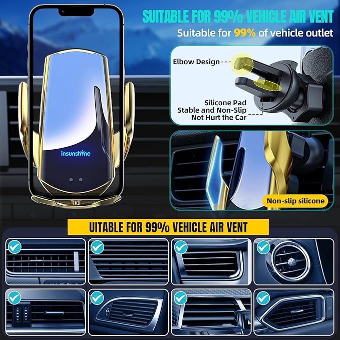 Wireless Car Charger, MAX 15W Fast Charging Auto Clamping, Sensing Phone Holder Mount, fit for iPhone 16 15 14 13 12 Pro Max Xs X, Samsung Galaxy S24 Ultra S23 S22 S21 S20 Note20 (5-Golden)
