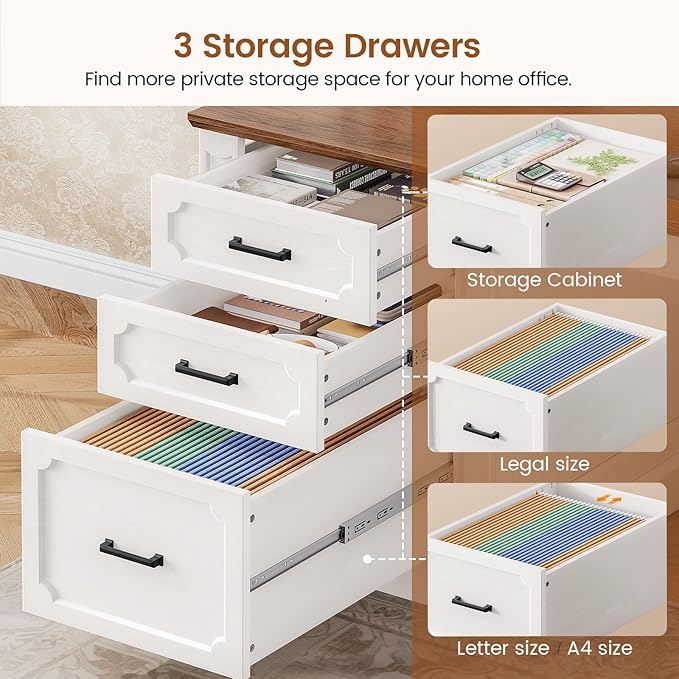 SEDETA Farmhouse L Shaped Desk with Drawers, 70.9" Home Office Desk with Storage Cabinet and Storage Shelves, L Shaped Computer Desk with Power Outlet，White