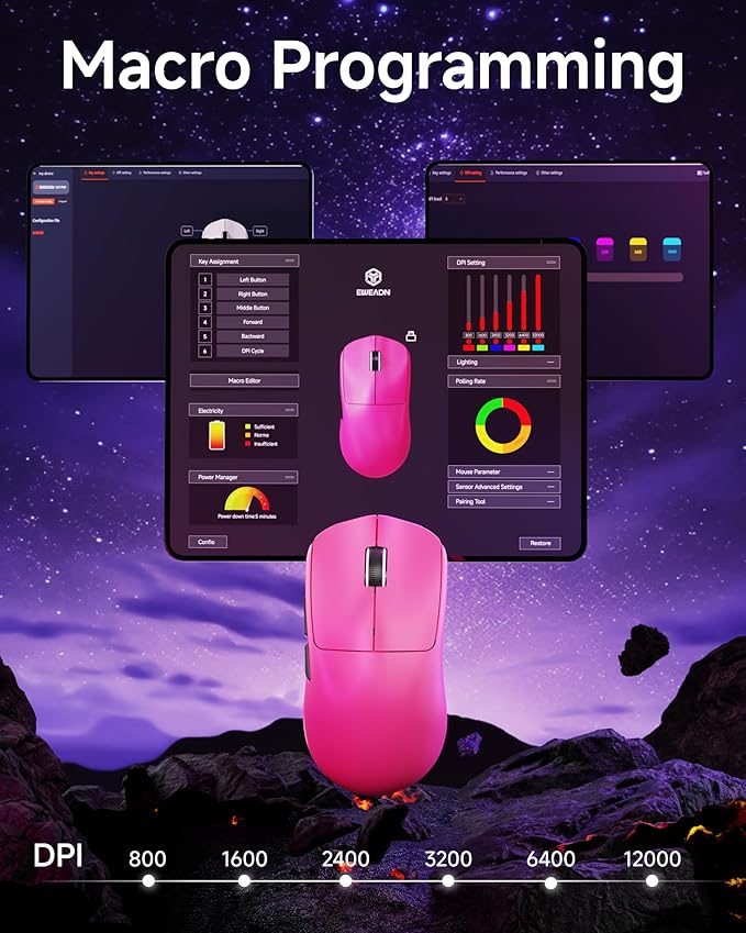 EWEAND X23 Pro Wireless Gaming Mouse, Tri-Mode 2.4G/USB-C/Bluetooth 5.4 Mouse, PAW3311 Sensor, 12000 DPI, 59g Lightweight, 1ms Response, Seamless Device Switching Computer Mouse for Laptop/PC/Mac-Pink