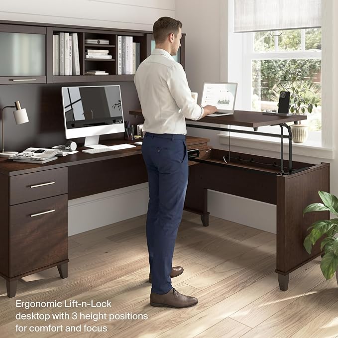 Bush Home Somerset 72W 3 Position Sit to Stand L Shaped Desk with Hutch in Mocha Cherry | Adjustable Height Table for Home Office