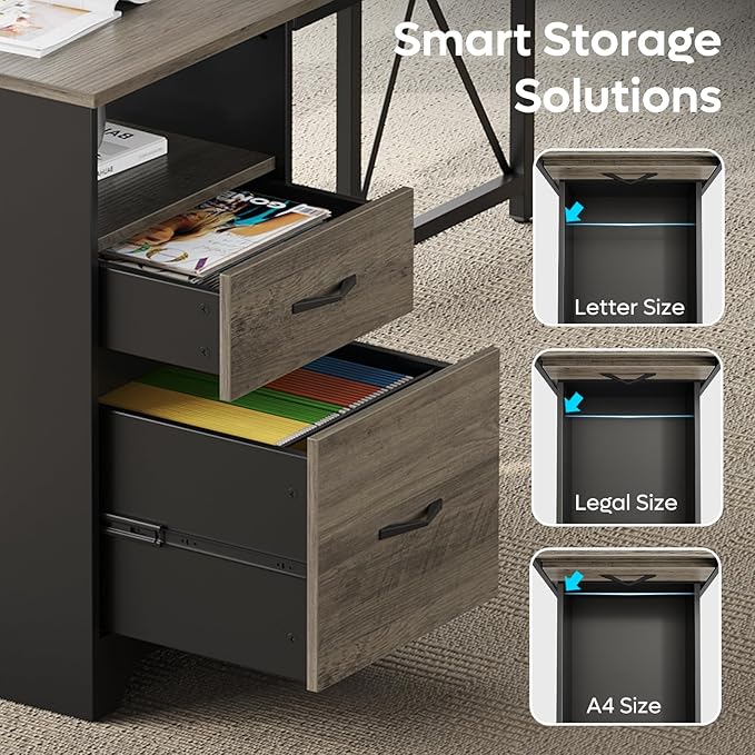 Bestier L Shaped Desk with File Drawers, 63" x 47" Office Computer Desk with Storage Cabinet, Corner Desk with Monitor Stand & Modesty Panel for Home Office, Gray