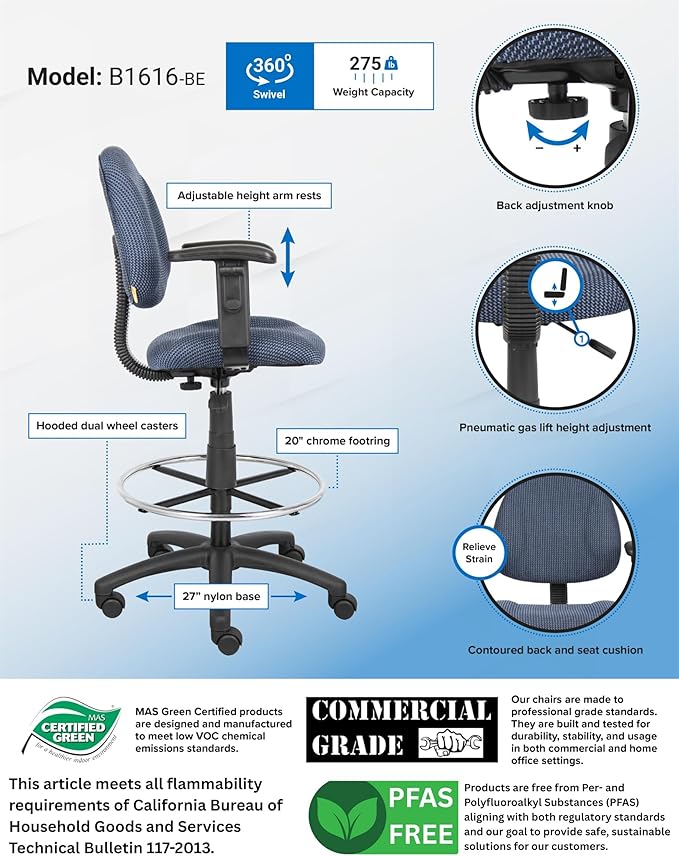 BOWERY HILL Contemporary Rolling Fabric Drafting Stool, Adjustable Height with Arms, Blue Finish, Contoured Back and Seat, Chrome Footring, Dual-Wheel Casters, Home or Office Use, 25" W x 25" D x