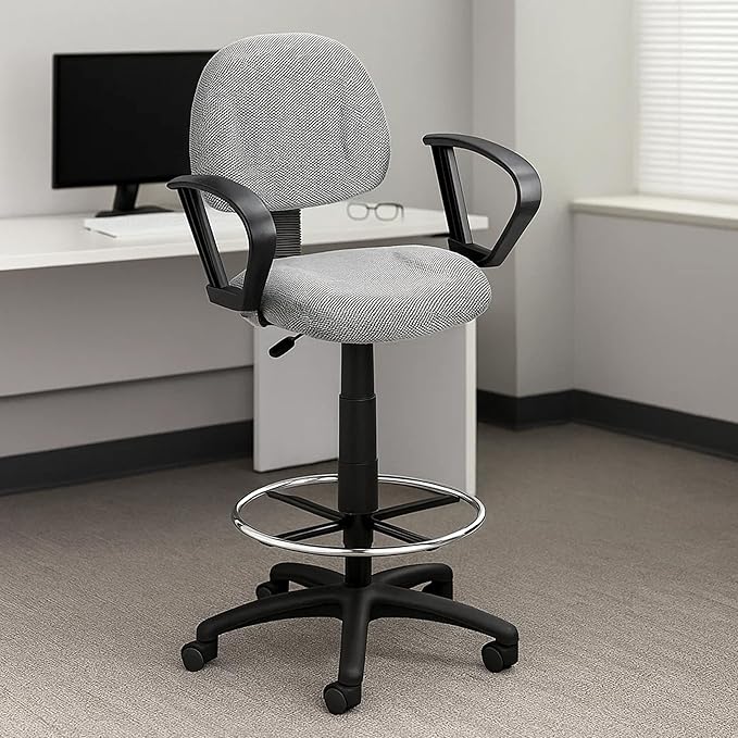 Benzara Jea Drafting Stool Chair, Loop Arms, Gray Tweed, Round Footring