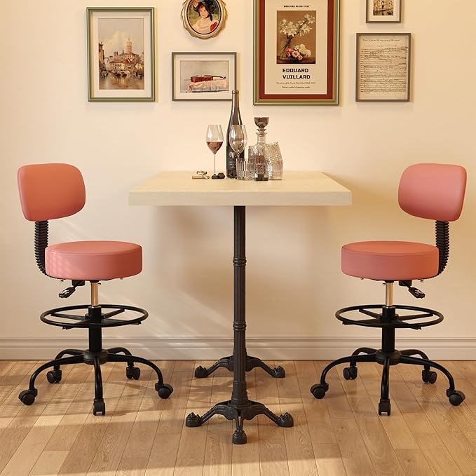 Drafting Chair with Back, Adjustable Foot Rest Rolling Stool (2, Pink)
