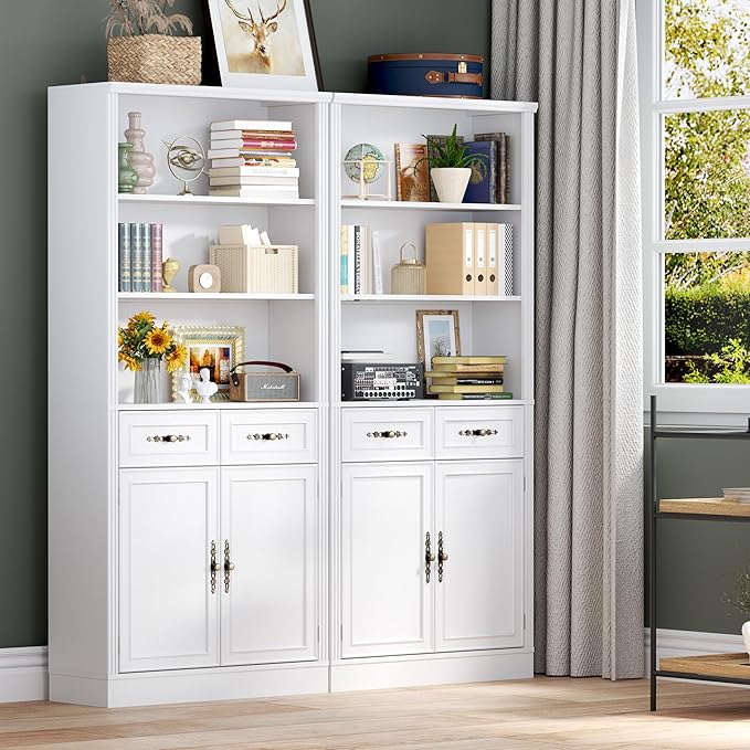 BORNOON 70.1" Tall Bookshelf with Drawers & Cabinet, 5-Tier Floor Standing Bookcase with Storage Doors, Adjustable Shelves & Metal Handles, 31.5" Wide Organizer for Home Office, Living Room