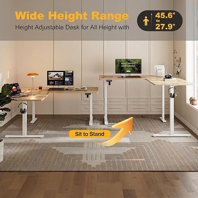 Grandder 75 x 61 Inch L Shaped Standing Desk, Electric Height Adjustable Corner Stand Up Desk, Sit Stand Corner Table Home Office Table, Oak Top White Frame