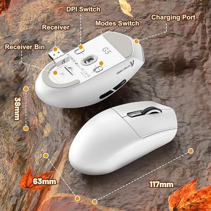 MAMBASNAKE Attack Shark G3 Wireless Gaming Mouse with Tri Mode Wired/2.4Ghz/BT,59g Ultra-Lightweight,25000 DPI,1000 Polling,PixArt PAW3311 Sensor,500mAh Long Battery,Programmable for PC Gamer(White)