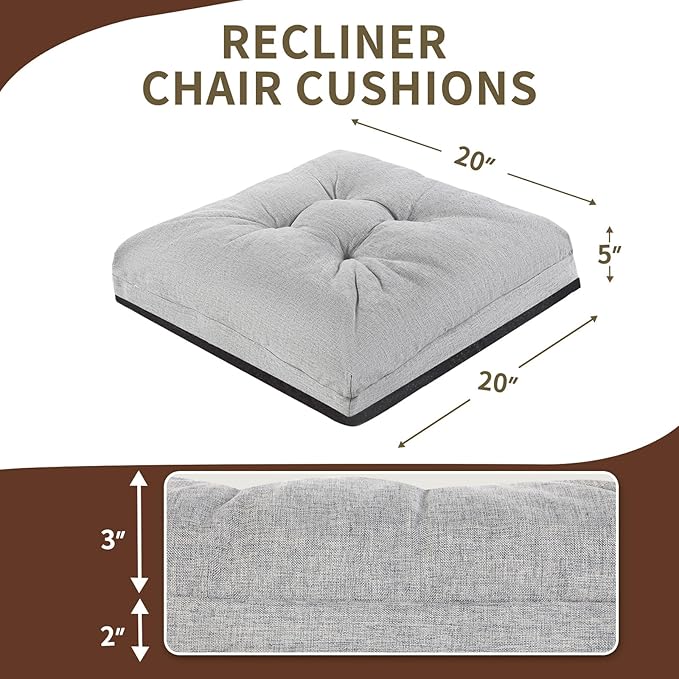 Recliner Cushions, 20x20x5 Inch Double Layer Design Chair Cushion, Soft Tufted Thickened Seat Cushions for Elderly, Grey