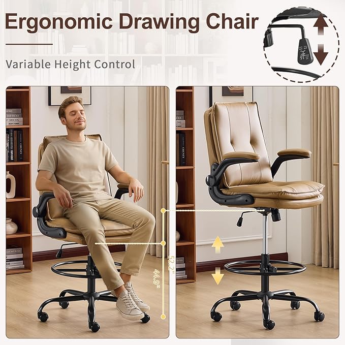 Karl home Drafting Chair Height Adjustable for Standing Desk, PU Upholstered Tall Office Swivel Desk Chair with Flip-Up Armrests, Ergonomic Lumbar Support, Adjustable Foot Ring, Khaki